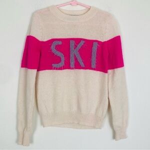 Autumn Cashmere Merino and Cashmere blend Ski motif sweater cream and pink. 6